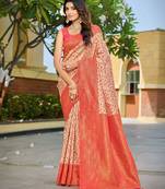 Banarasi satin silk saree floral zari woven saree with cream color and orange border tassel with elegance look