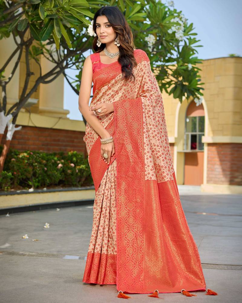 Banarasi satin silk saree floral zari woven saree with cream color and orange border tassel with elegance look