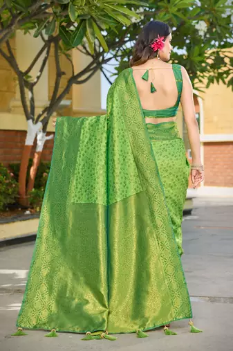 Banarasi satin silk saree floral zari woven saree with parrot green and green border tassel with elegance look
