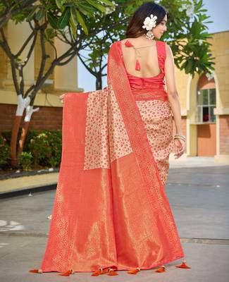 Banarasi satin silk saree floral zari woven saree with cream color and orange border tassel with elegance look 2