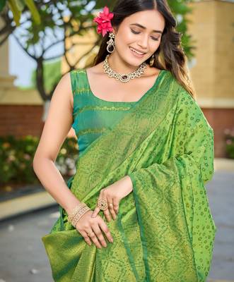 Banarasi satin silk saree floral zari woven saree with parrot green and green border tassel with elegance look 3