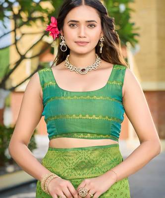 Banarasi satin silk saree floral zari woven saree with parrot green and green border tassel with elegance look 4