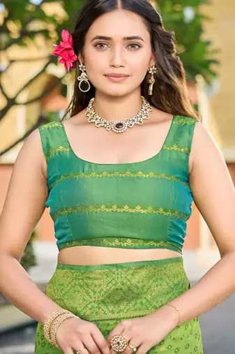 Banarasi satin silk saree floral zari woven saree with parrot green and green border tassel with elegance look