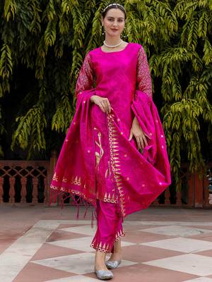 Floral printed cotton silk round neck kurta trouser & dupatta set 1