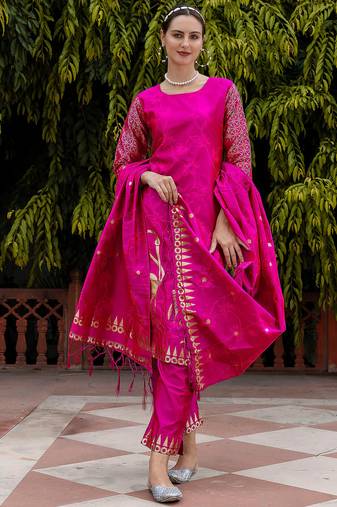 Floral printed cotton silk round neck kurta trouser & dupatta set