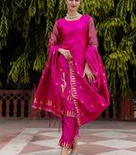 Floral printed cotton silk round neck kurta trouser & dupatta set