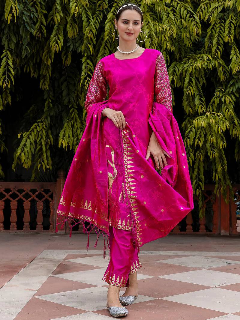 Floral printed cotton silk round neck kurta trouser & dupatta set