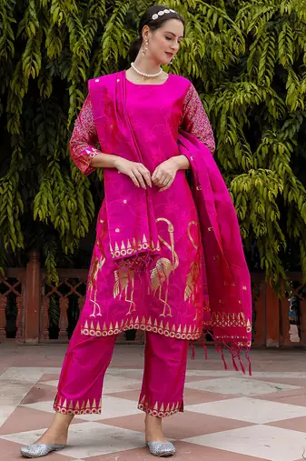 Floral printed cotton silk round neck kurta trouser & dupatta set