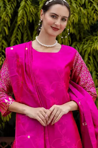Floral printed cotton silk round neck kurta trouser & dupatta set