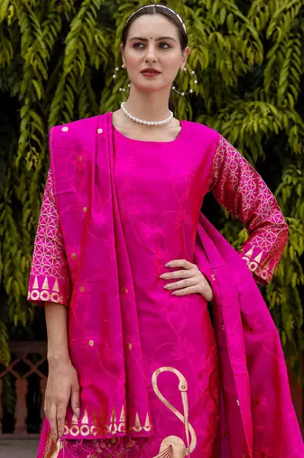 Floral printed cotton silk round neck kurta trouser & dupatta set