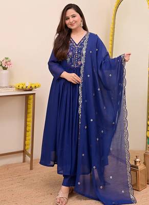 Women's Gorgeous Embroidery Work Chanderi Sik Fabric Flared Anarkali Pant and Dupatta Set 1