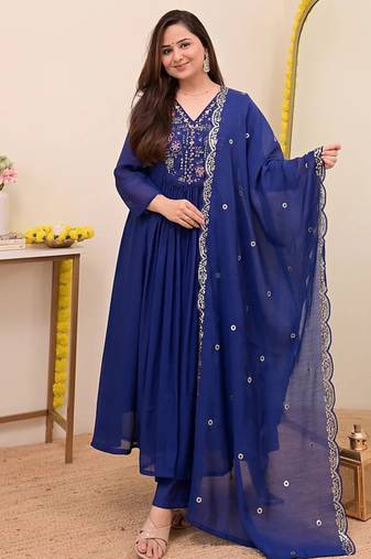 Women's Gorgeous Embroidery Work Chanderi Sik Fabric Flared Anarkali Pant and Dupatta Set