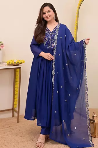 Women's Gorgeous Embroidery Work Chanderi Sik Fabric Flared Anarkali Pant and Dupatta Set