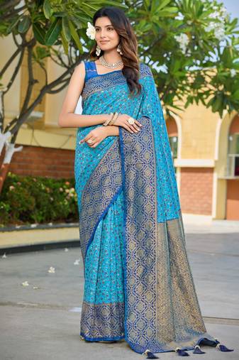 Banarasi satin silk saree floral zari woven saree with light and navi blue border tassels with elegance look