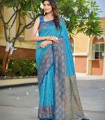 Banarasi satin silk saree floral zari woven saree with light and navi blue border tassels with elegance look