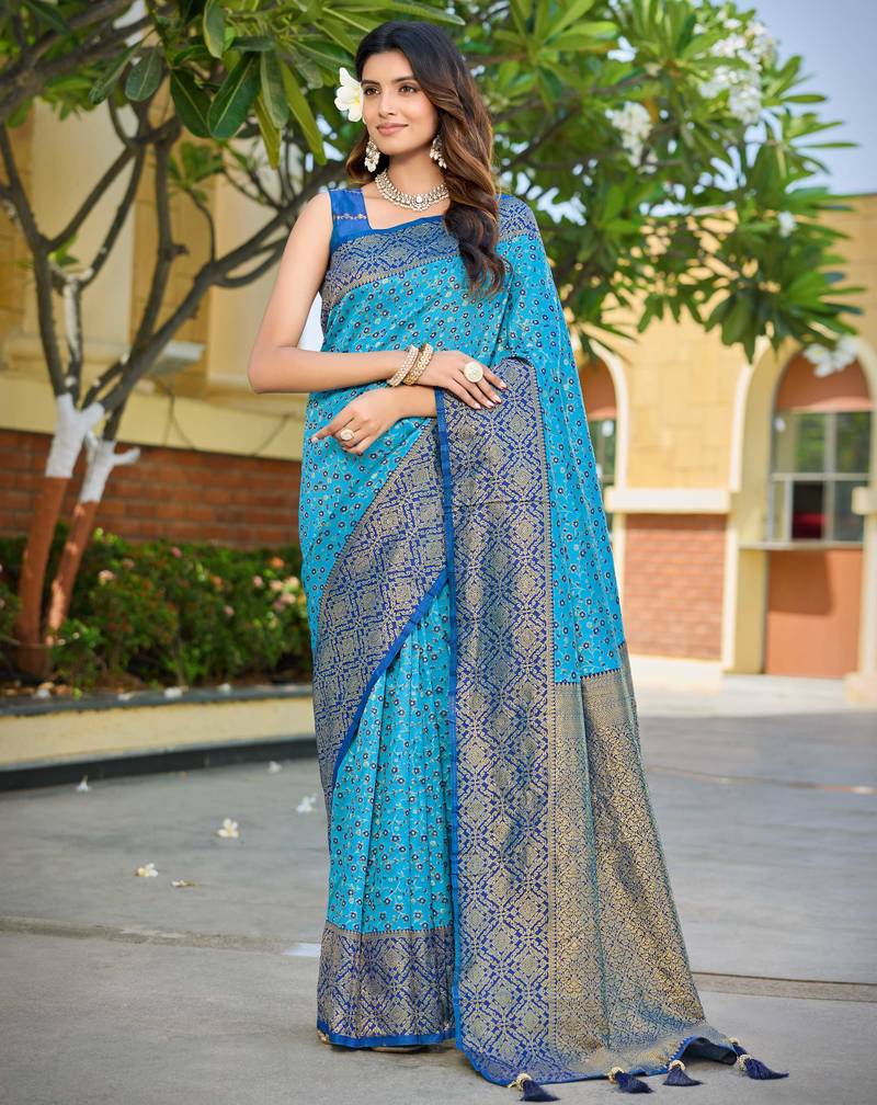 Banarasi satin silk saree floral zari woven saree with light and navi blue border tassels with elegance look