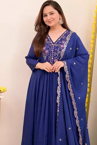 Women's Gorgeous Embroidery Work Chanderi Sik Fabric Flared Anarkali Pant and Dupatta Set
