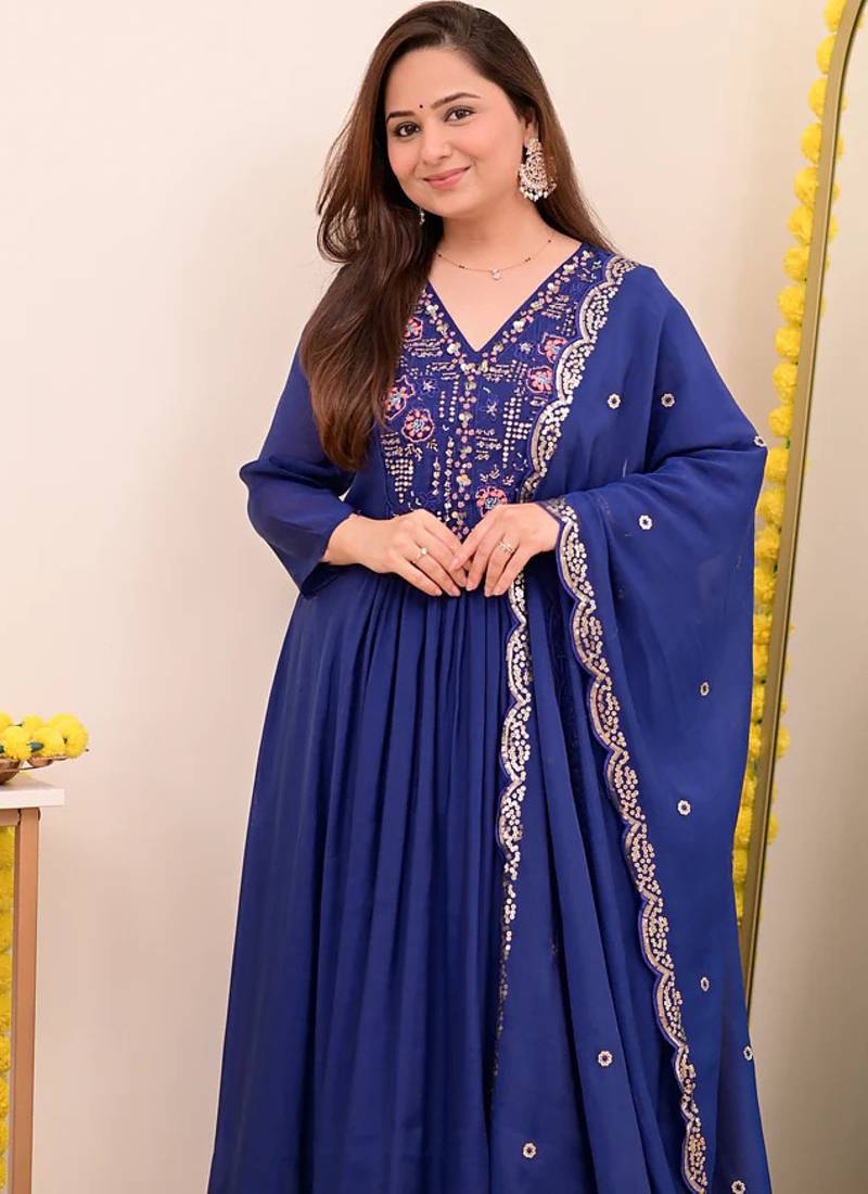 Women's Gorgeous Embroidery Work Chanderi Sik Fabric Flared Anarkali Pant and Dupatta Set