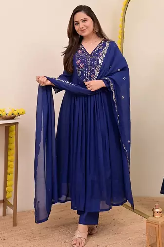 Women's Gorgeous Embroidery Work Chanderi Sik Fabric Flared Anarkali Pant and Dupatta Set