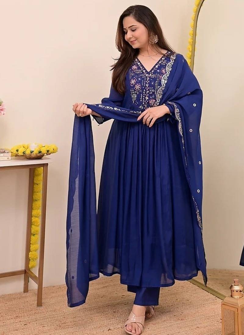 Women's Gorgeous Embroidery Work Chanderi Sik Fabric Flared Anarkali Pant and Dupatta Set