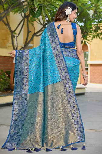 Banarasi satin silk saree floral zari woven saree with light and navi blue border tassels with elegance look