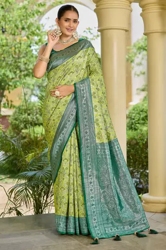 banarasi silk blend green saree with elegant floral buti design & jacquard border latest ethnic saree