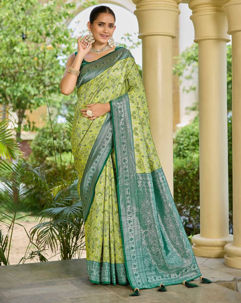 banarasi silk blend green saree with elegant floral buti design & jacquard border latest ethnic saree
