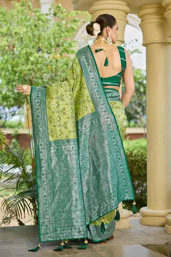 banarasi silk blend green saree with elegant floral buti design & jacquard border latest ethnic saree