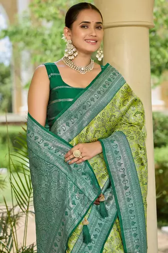 banarasi silk blend green saree with elegant floral buti design & jacquard border latest ethnic saree