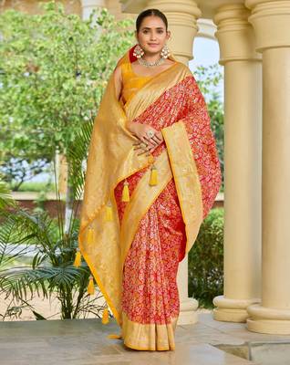 banarasi silk blend red & yellow saree with elegant floral buti design & jacquard border saree 1