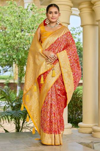 banarasi silk blend red & yellow saree with elegant floral buti design & jacquard border saree