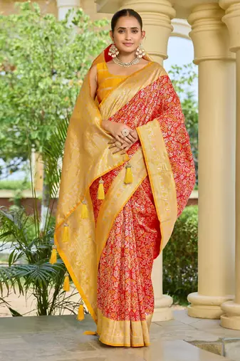 banarasi silk blend red & yellow saree with elegant floral buti design & jacquard border saree