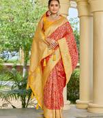 banarasi silk blend red & yellow saree with elegant floral buti design & jacquard border saree
