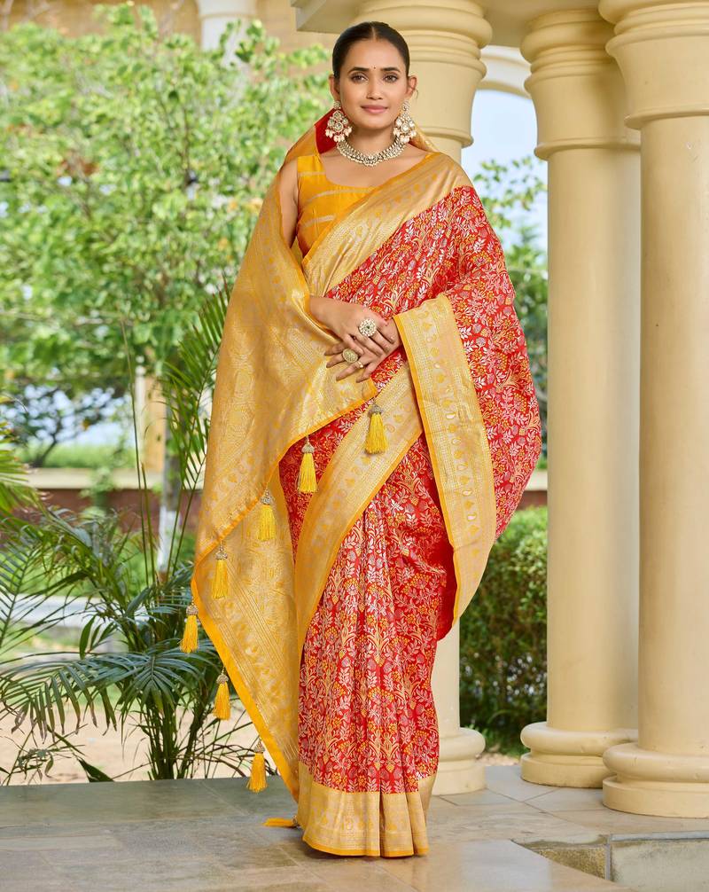 banarasi silk blend red & yellow saree with elegant floral buti design & jacquard border saree