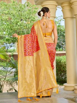banarasi silk blend red & yellow saree with elegant floral buti design & jacquard border saree 2