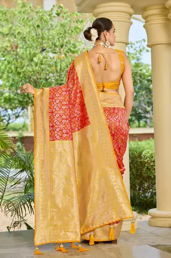 banarasi silk blend red & yellow saree with elegant floral buti design & jacquard border saree