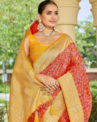 banarasi silk blend red & yellow saree with elegant floral buti design & jacquard border saree 3