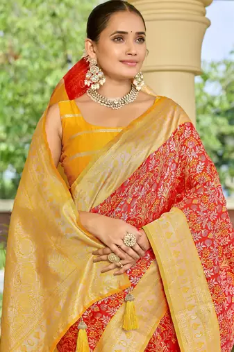 banarasi silk blend red & yellow saree with elegant floral buti design & jacquard border saree