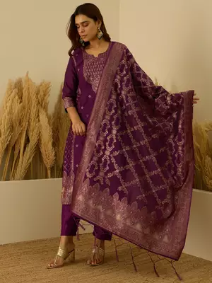 Floral printed silk blend round neck kurta trouser & dupatta set 1