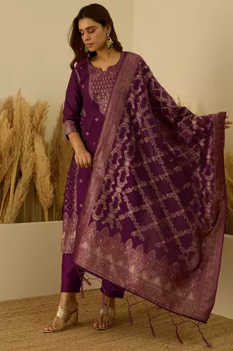 Floral printed silk blend round neck kurta trouser & dupatta set