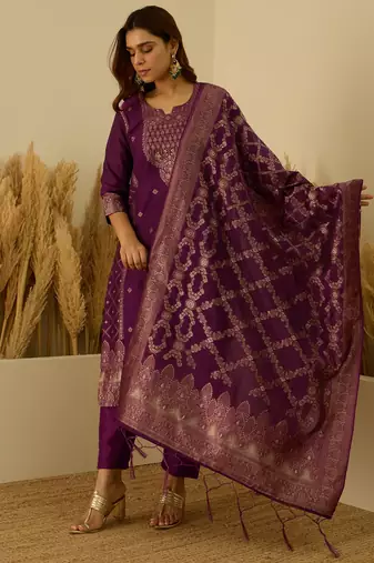 Floral printed silk blend round neck kurta trouser & dupatta set