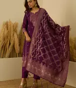 Floral printed silk blend round neck kurta trouser & dupatta set