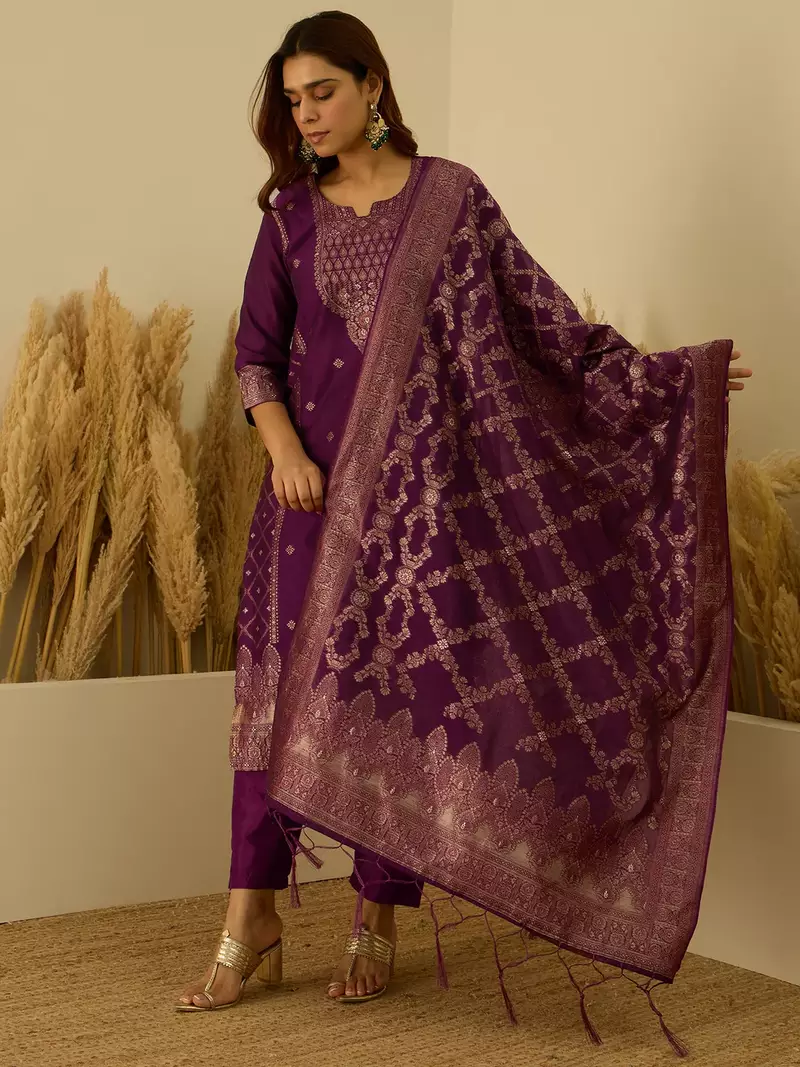 Floral printed silk blend round neck kurta trouser & dupatta set