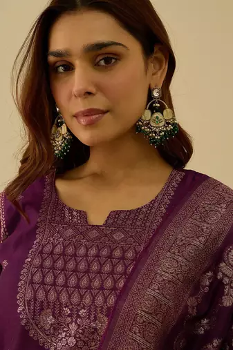 Floral printed silk blend round neck kurta trouser & dupatta set
