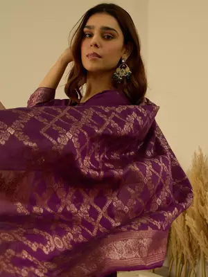 Floral printed silk blend round neck kurta trouser & dupatta set 4