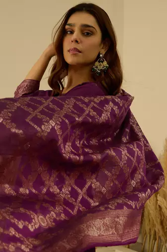 Floral printed silk blend round neck kurta trouser & dupatta set