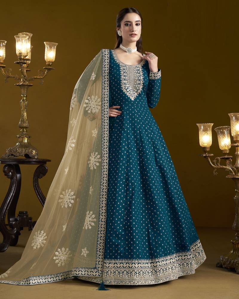 teal chanderi butti Anarkali Suit