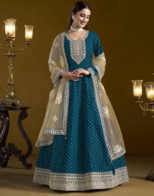teal chanderi butti Anarkali Suit 2