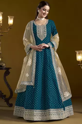 teal chanderi butti Anarkali Suit