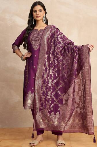 Floral printed silk blend round neck kurta trouser & dupatta set